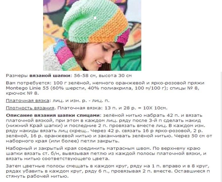 Описание работы над оригинальной яркой женской шапкой платочной вязкой