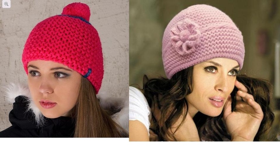 Простые женские моели шапок, связанные вертикально платочным узором, пример 1