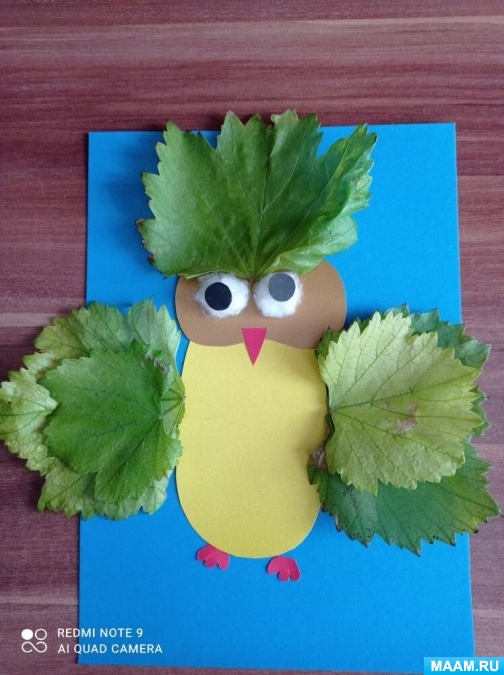 Мастер-класс по аппликации из картона, листьев и ваты «Совушка»