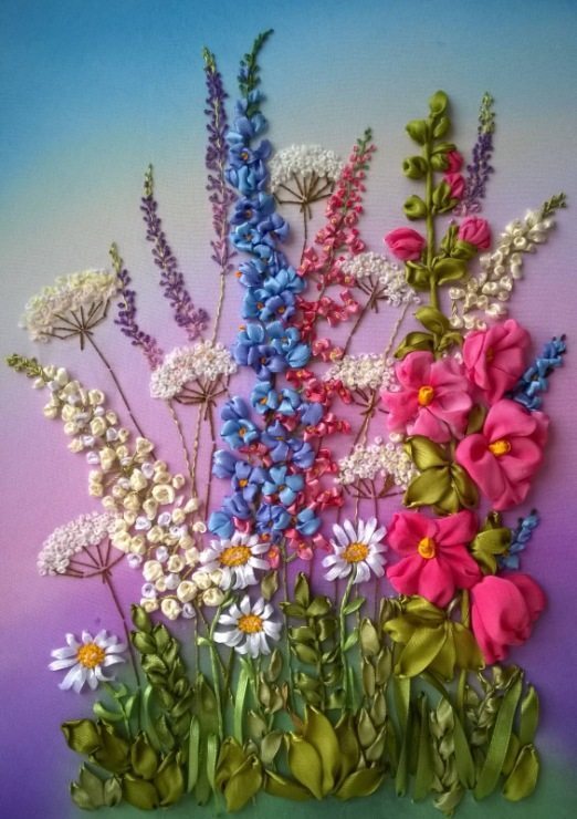 Вышивка лентами цветы для начинающих, рекомендации в необычной технике, схемы и фото композиций полевых букетов