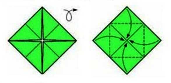 на фото показано как сложить кусочки бумаги для получения оригами корабля с трубой складываем квадрат из бумаги и делаем новые загибы