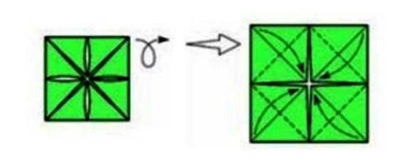 на обратной стороне квадрата из бумаги делаем еще загибы складываем еще разок и переворачиваем, делая дальше с изнанки