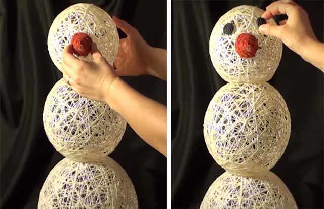 kreplenie nosa i glaz snegoviku iz nitok