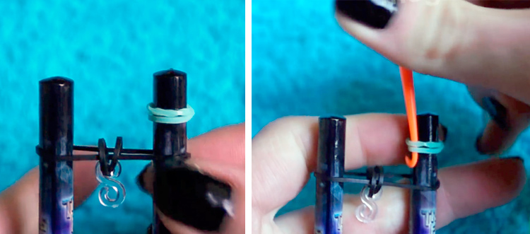 на правый карандаш - цветную резинку в два оборота