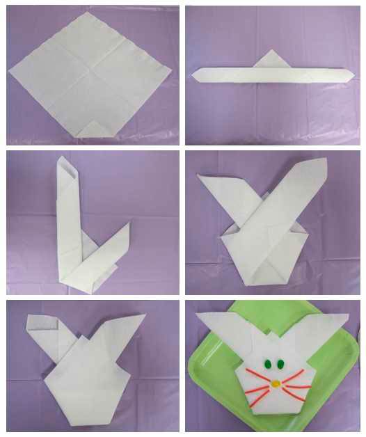 Мордочка зайца из салфетки, схема оригами